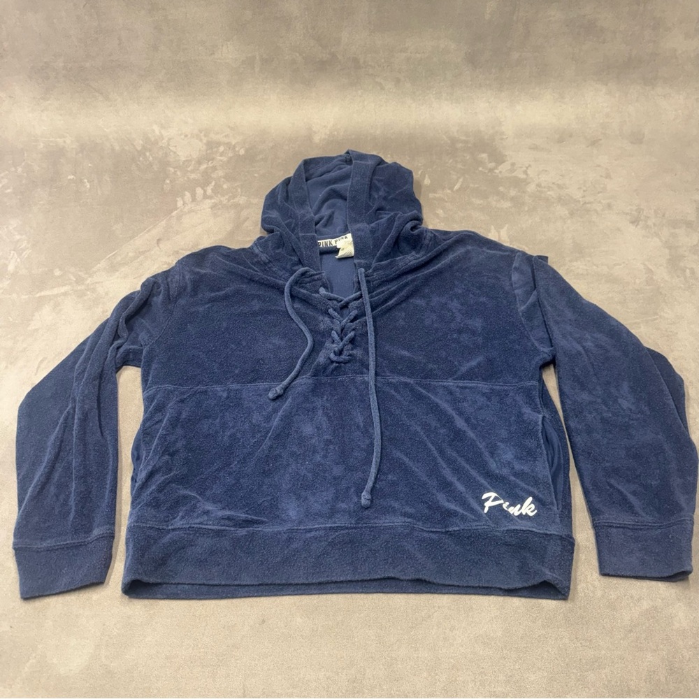 Victoria secret pink navy blue velour lace up front pullover hoodie womens M